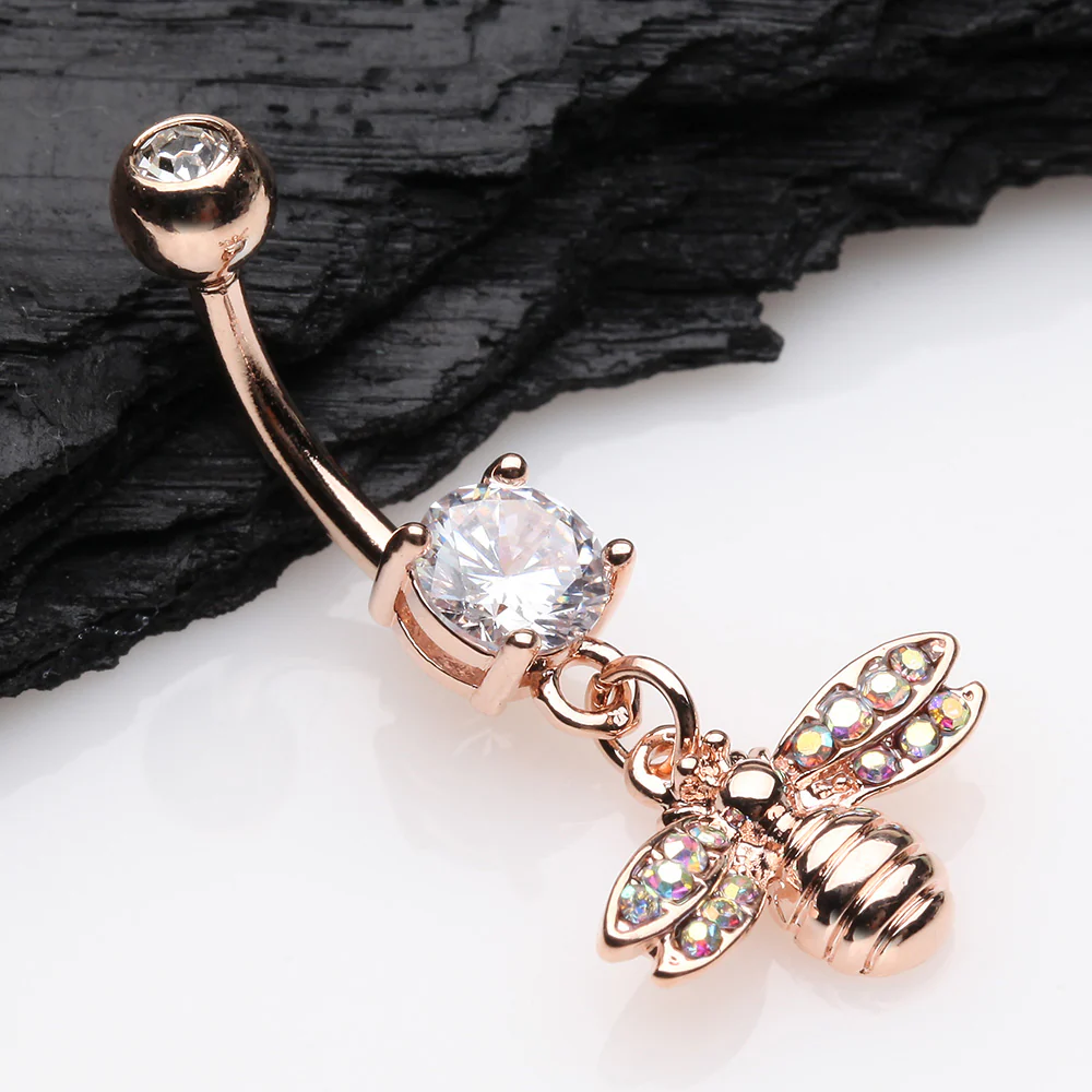 Rose Gold Honey Bee Sparkle Dangle Belly Button Ring - Image 3