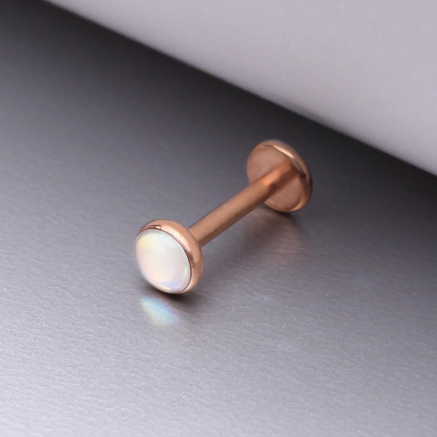 Rose Gold Iridescent Revo Sparkle Top Internally Threaded Steel Flat Back Stud Labret - Image 2