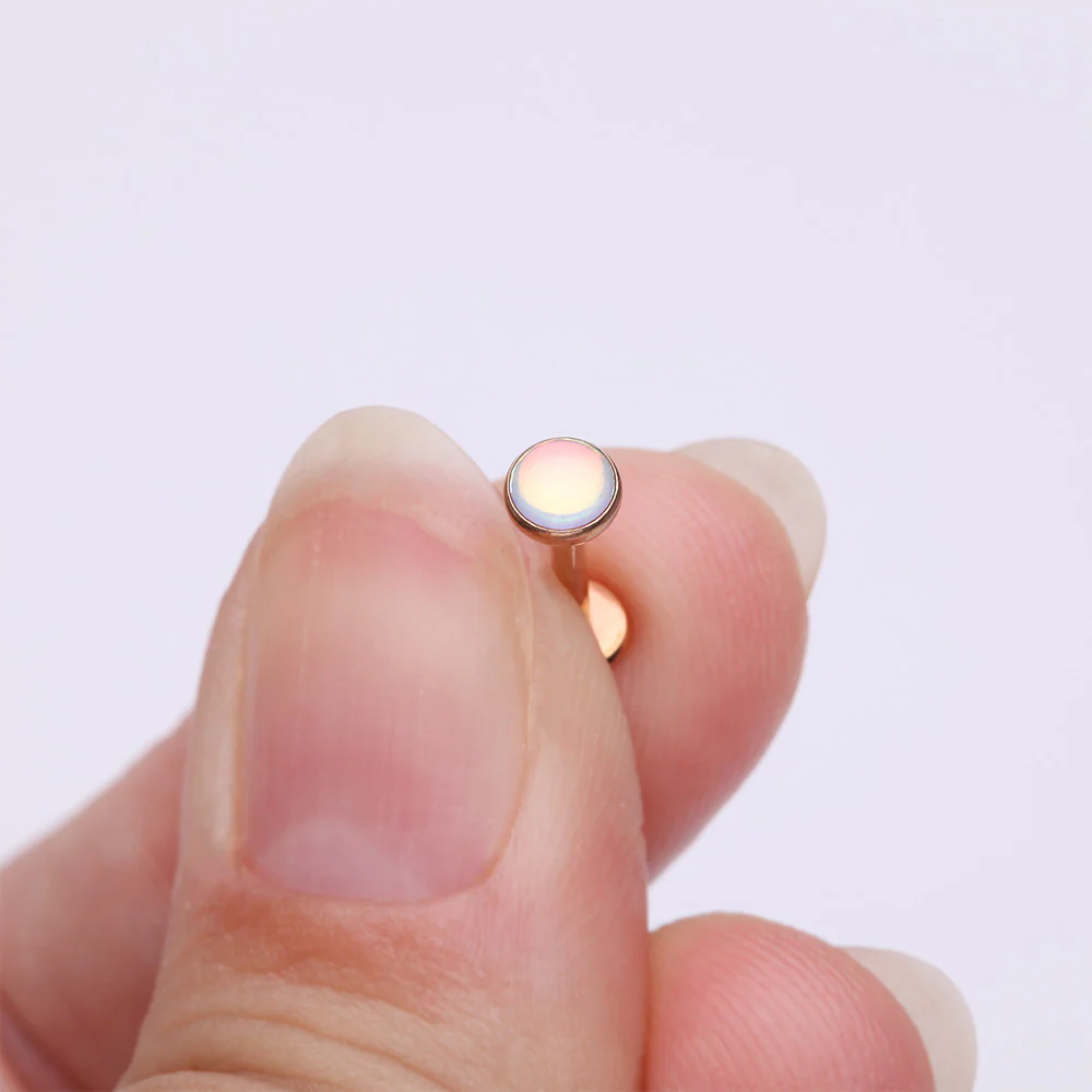 Rose Gold Iridescent Revo Sparkle Top Internally Threaded Steel Flat Back Stud Labret - Image 3