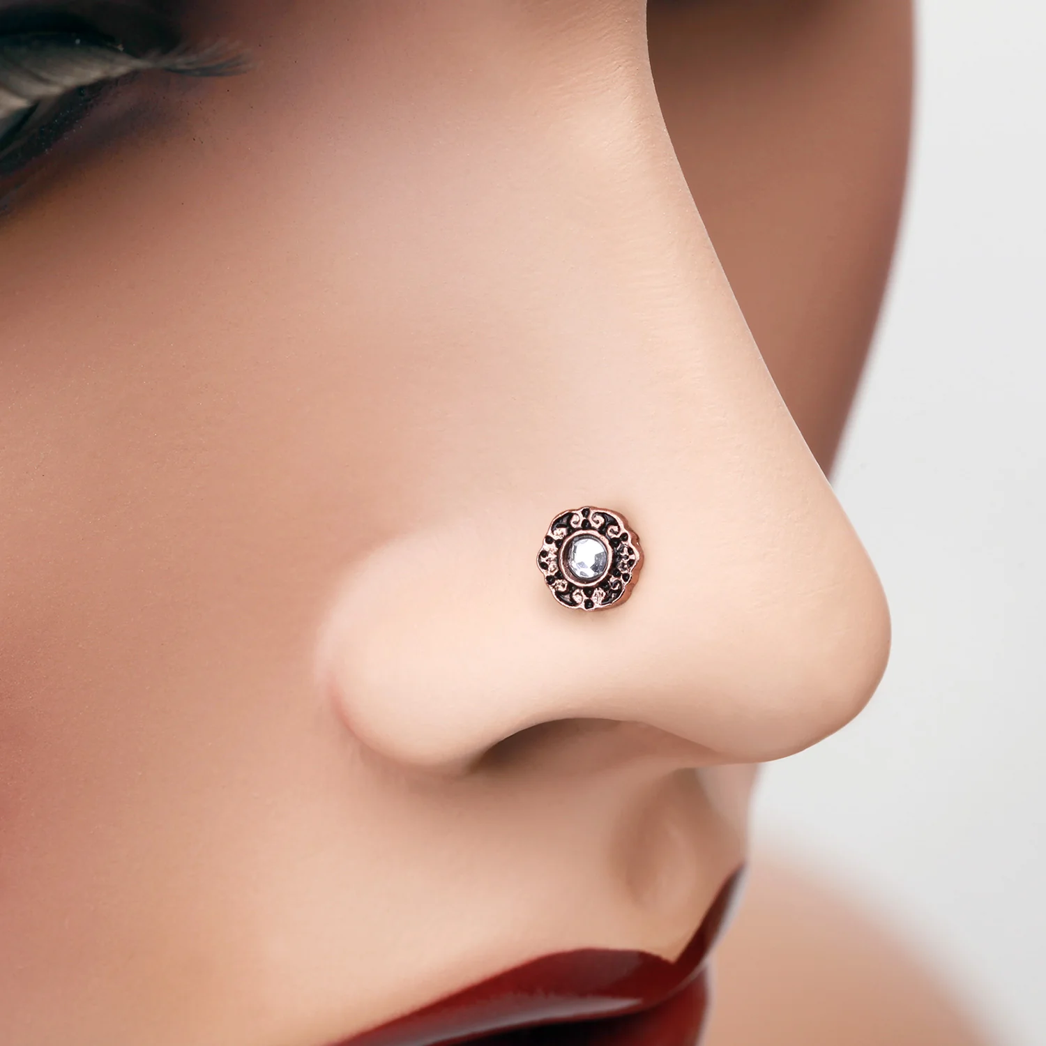 Rose Gold Luna Filigree Sparkle Icon Nose Stud Ring - Image 2