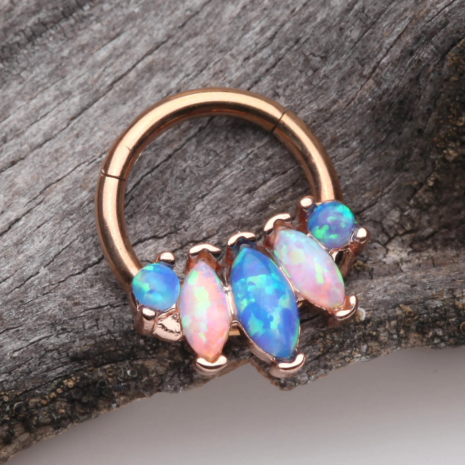 Rose Gold Marquise Fire Opal Sparkle Floral Seamless Clicker Hoop Ring - Image 2