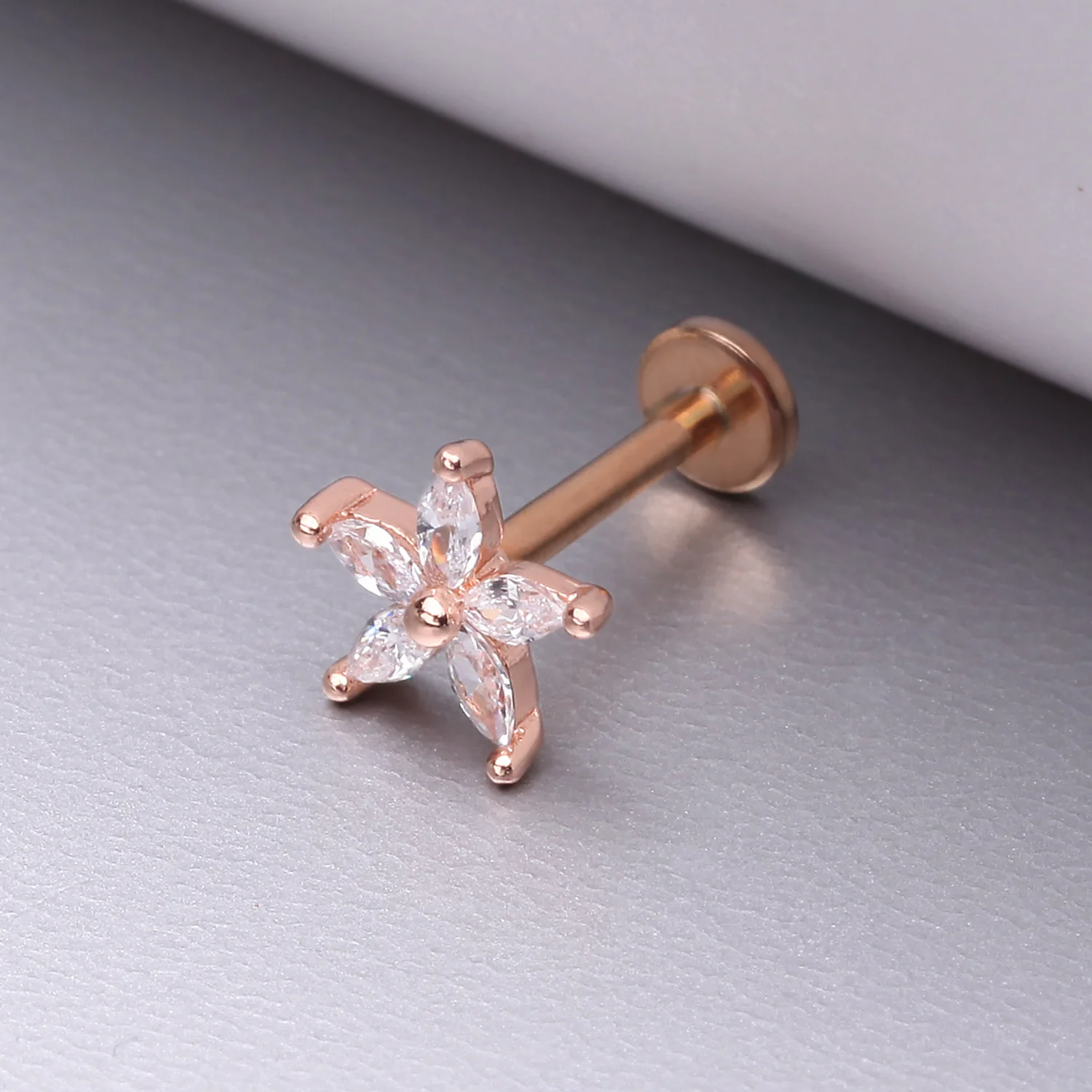Rose Gold Marquise Flower Sparkle Top Internally Threaded Steel Flat Back Stud Labret - Image 2
