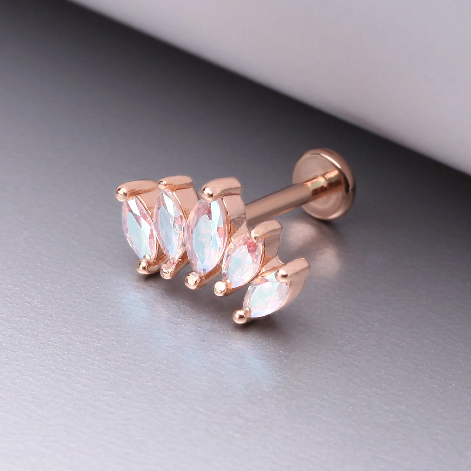 Rose Gold Marquise Sparkle Curve Top Internally Threaded Steel Flat Back Stud Labret - Image 2