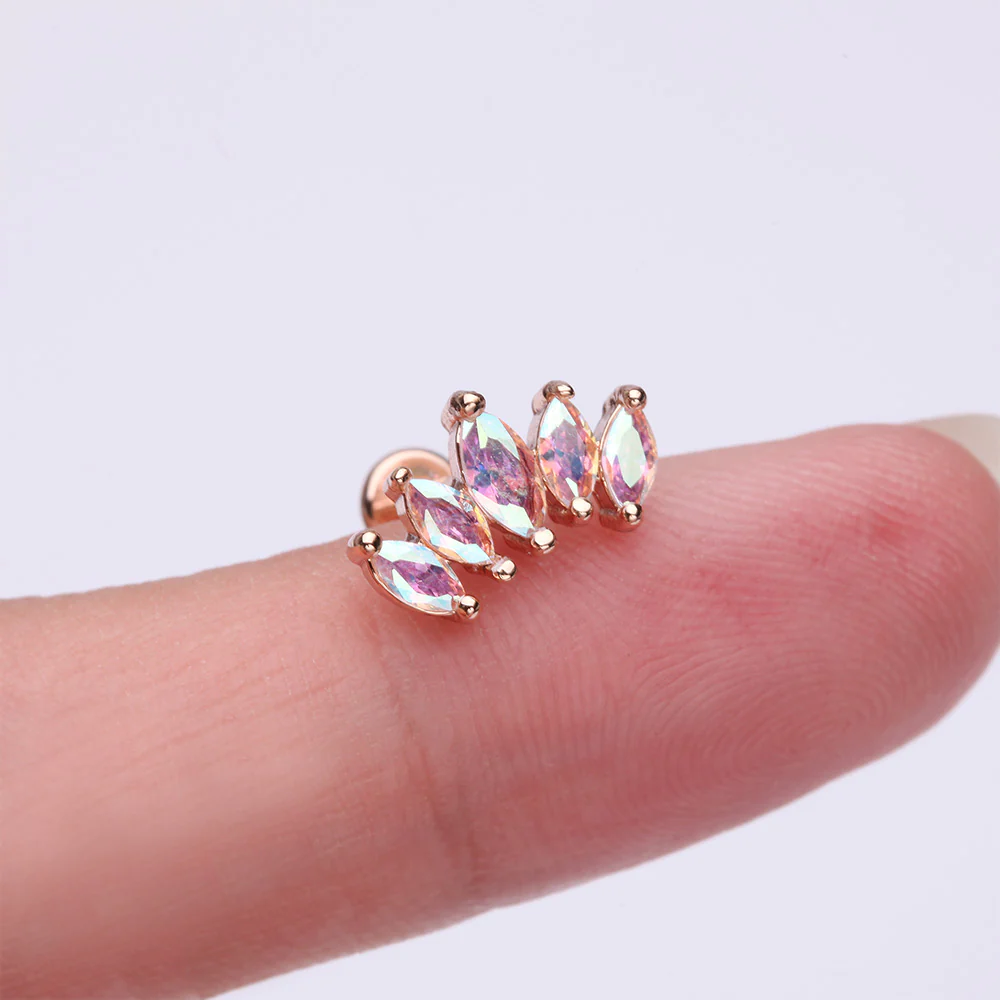 Rose Gold Marquise Sparkle Curve Top Internally Threaded Steel Flat Back Stud Labret - Image 3
