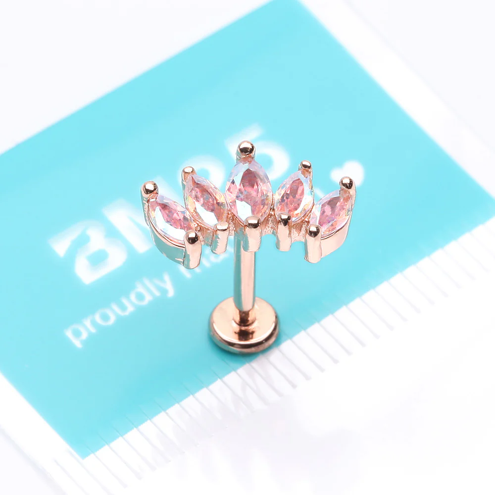 Rose Gold Marquise Sparkle Curve Top Internally Threaded Steel Flat Back Stud Labret - Image 4