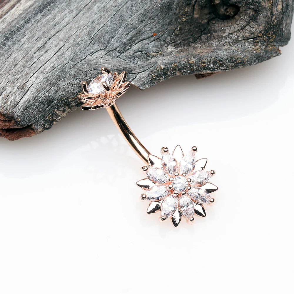 Rose Gold Marquise Sparkle Flower Internally Threaded Belly Button Ring - Image 3