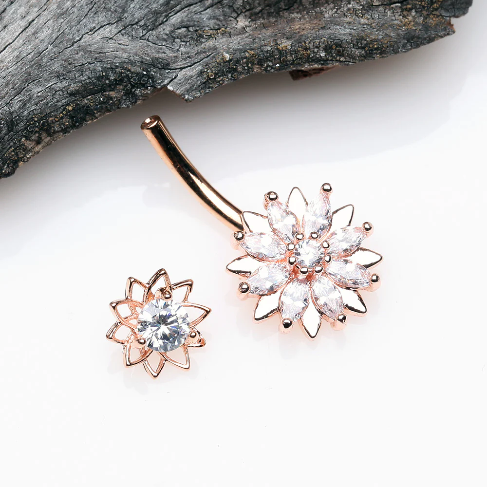 Rose Gold Marquise Sparkle Flower Internally Threaded Belly Button Ring - Image 4