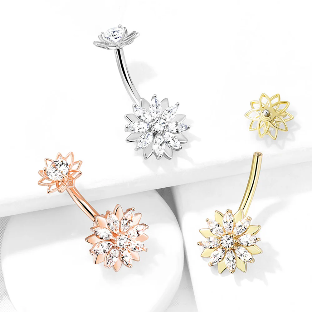 Rose Gold Marquise Sparkle Flower Internally Threaded Belly Button Ring - Image 5