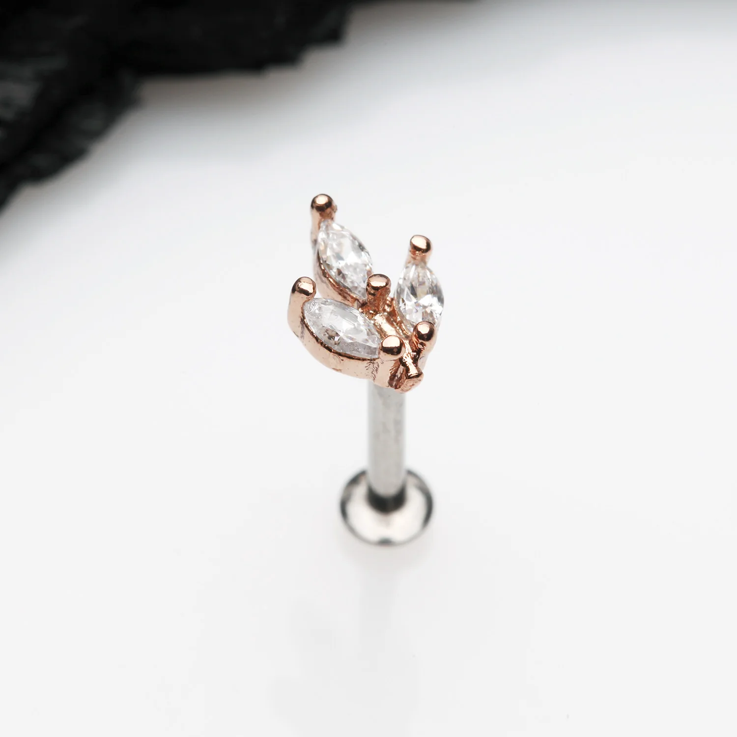 Rose Gold Marquise Sparkle Leaf Top Threadless Push-In Steel Labret - Image 2