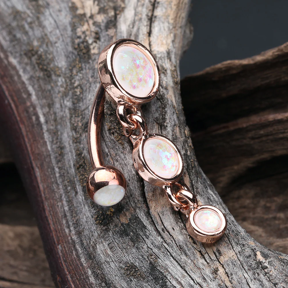 Rose Gold Opalescent Sparkle Triple Gem Reverse Belly Button Ring - Image 3
