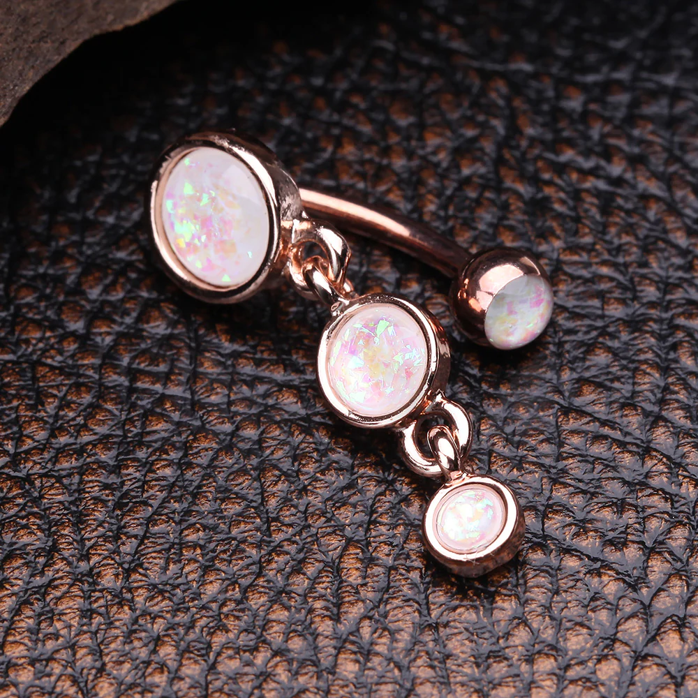 Rose Gold Opalescent Sparkle Triple Gem Reverse Belly Button Ring - Image 4