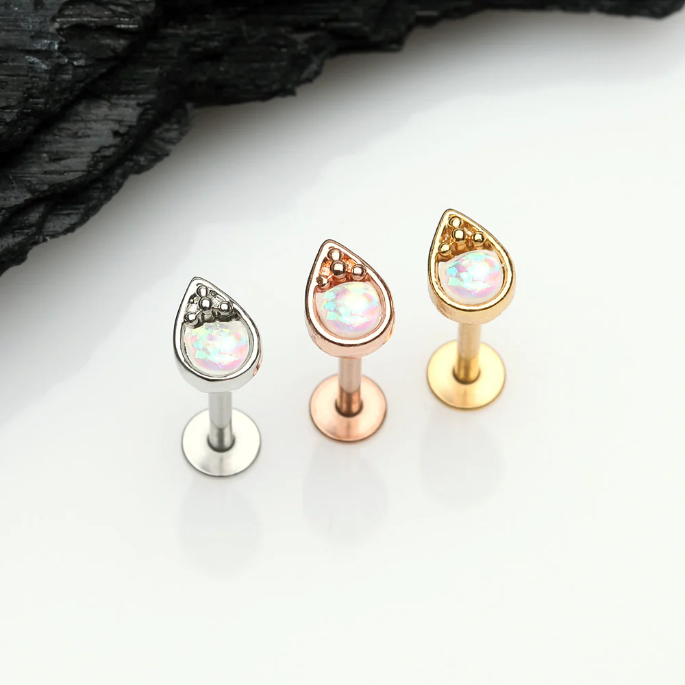 Rose Gold Opalescent Teardrop Top Steel Labret - Image 3