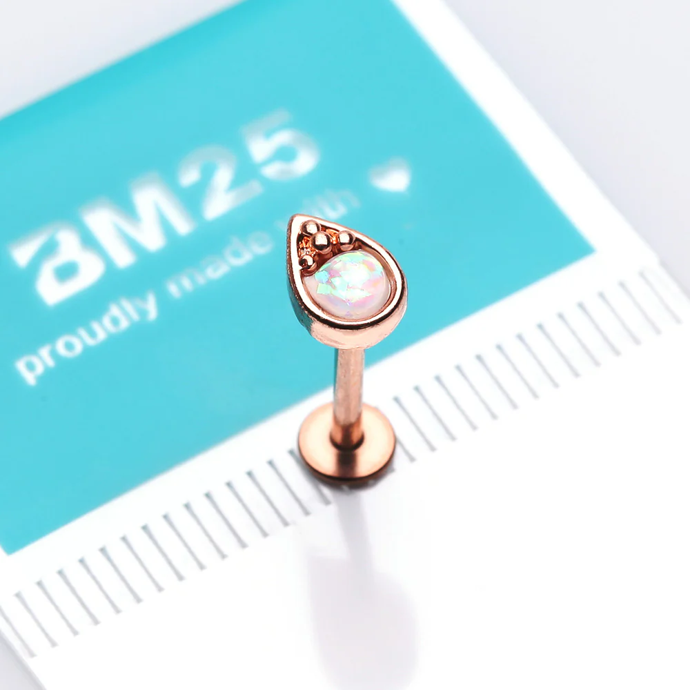 Rose Gold Opalescent Teardrop Top Steel Labret - Image 4