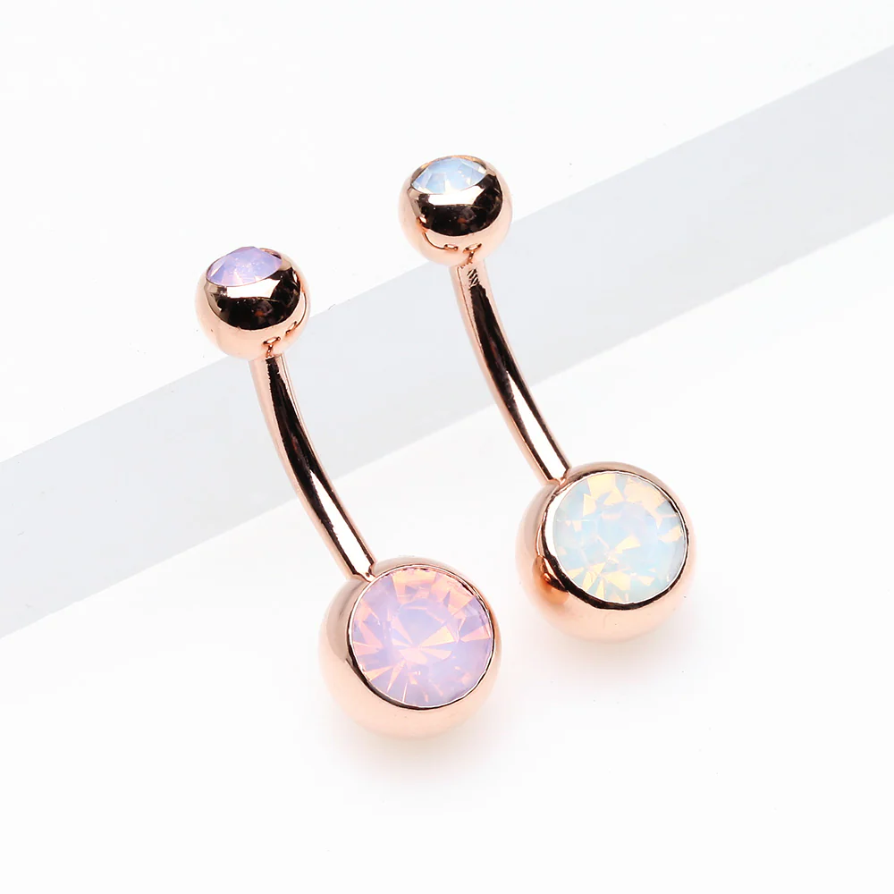 Rose Gold Opalite Double Gem Ball Steel Belly Button Ring - Image 4