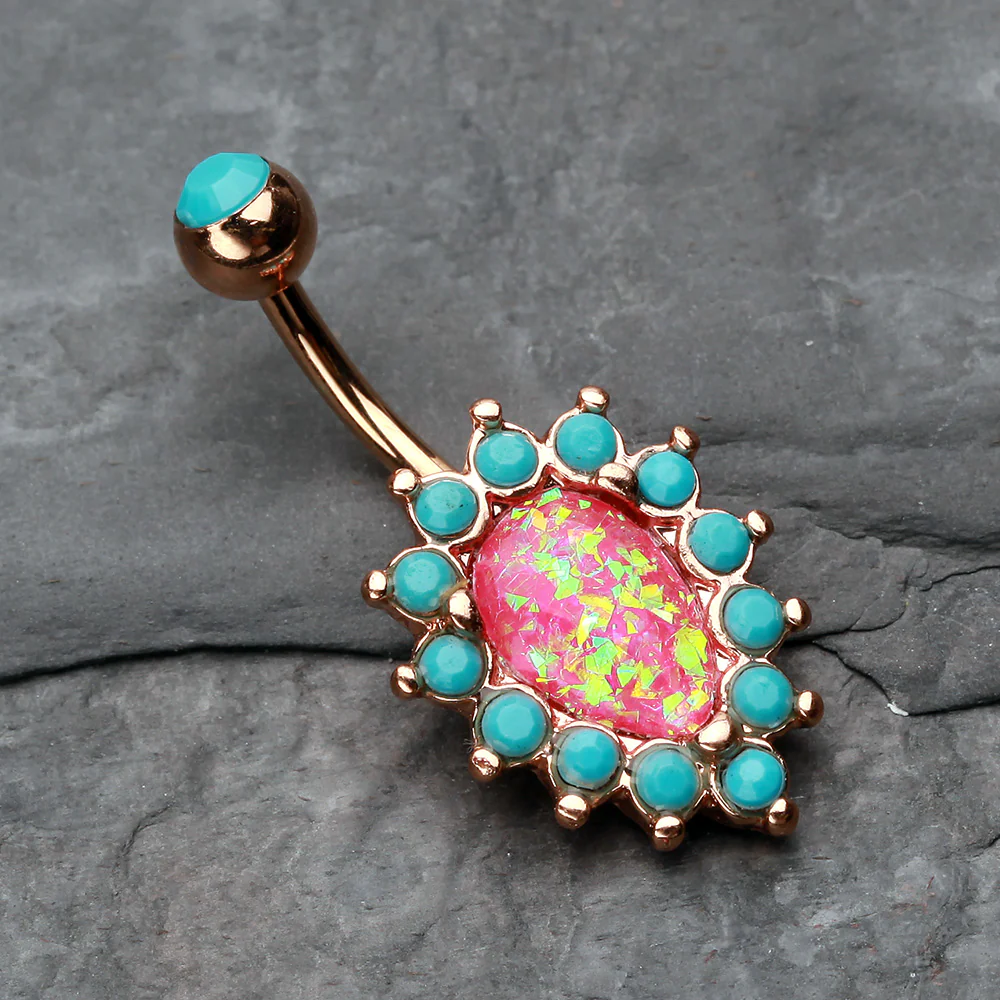 Rose Gold Opulent Opal Turquoise Belly Button Ring - Image 3