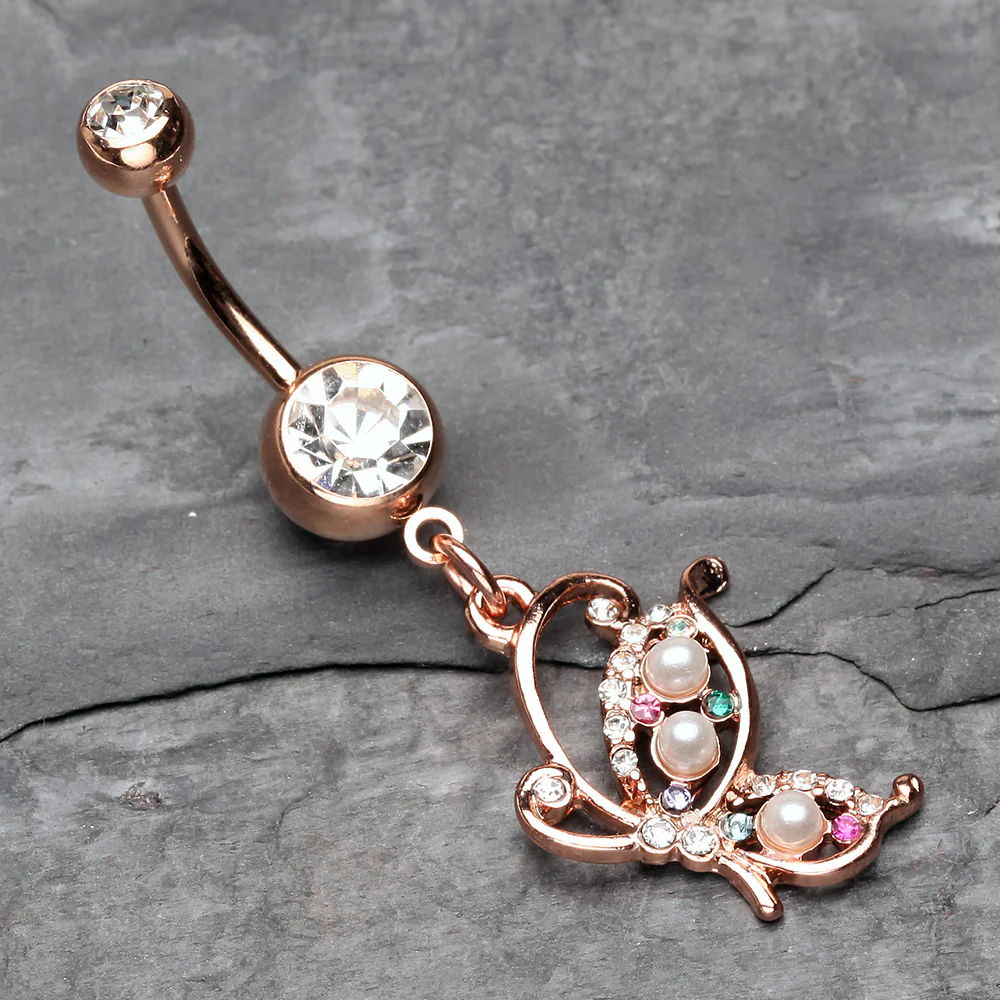 Rose Gold Pearlescent Glam Butterfly Belly Button Ring - Image 3