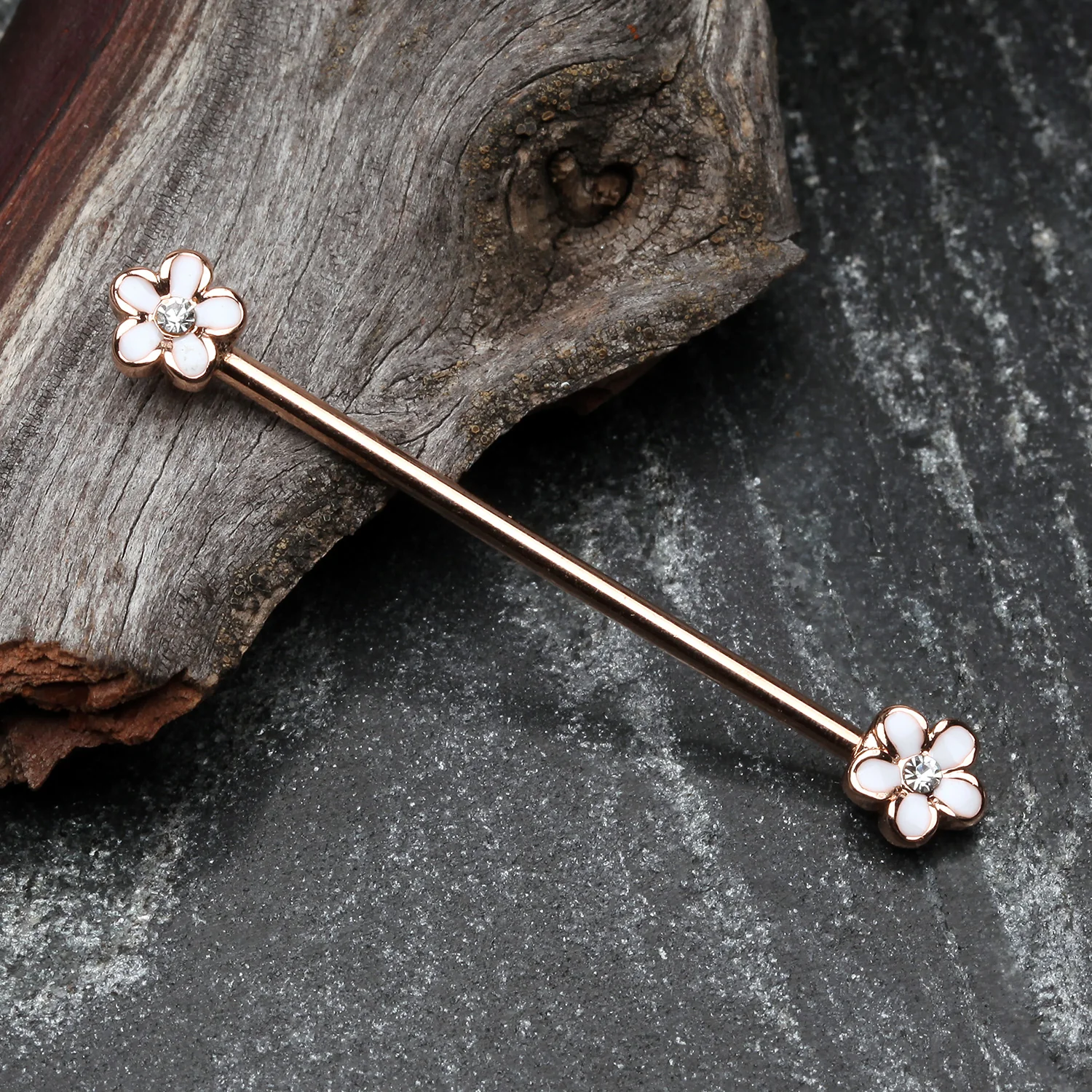 Rose Gold Plumeria Flower Sparkle Industrial Barbell - Image 2