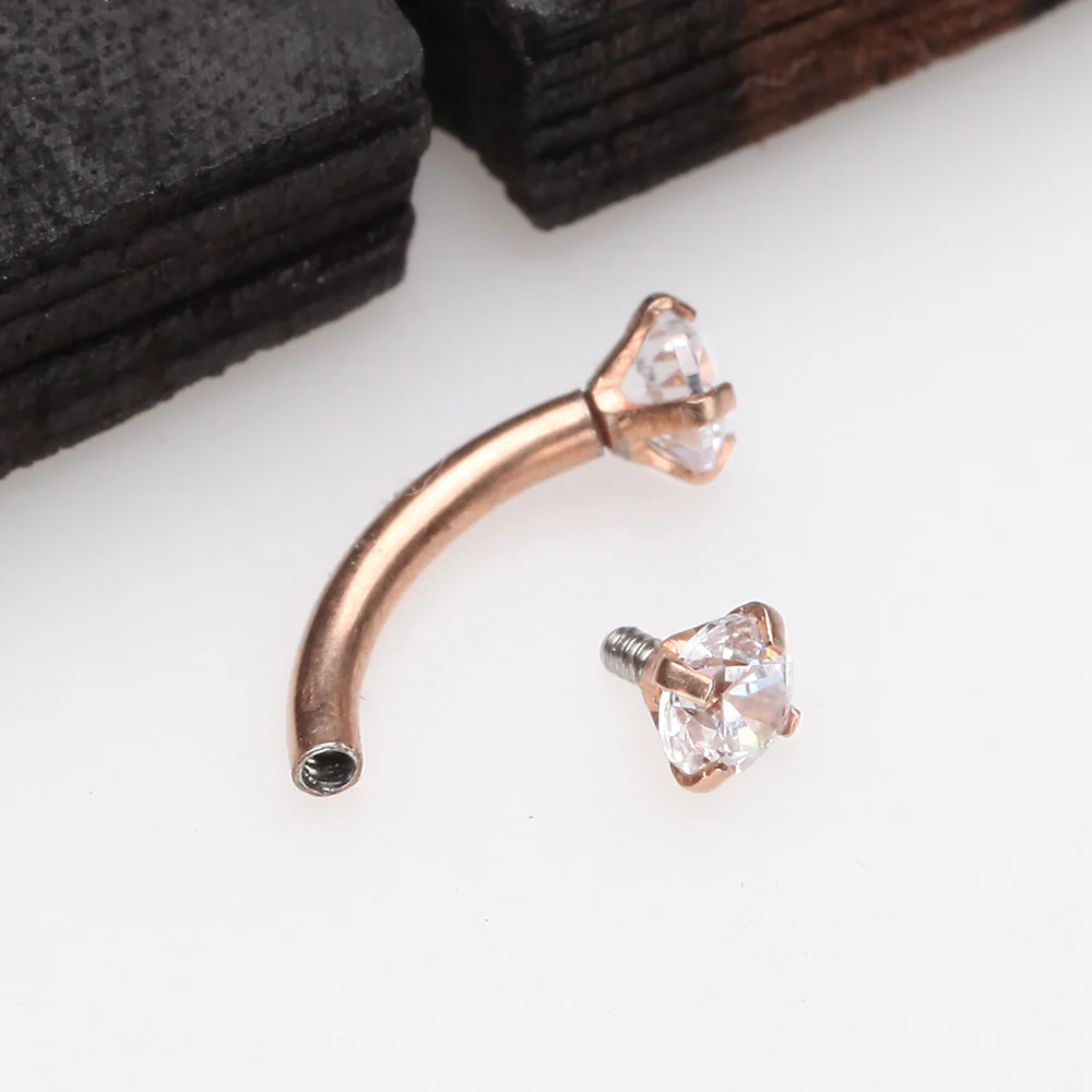 Rose Gold Prong Set Gem Sparkles Internally Threaded Curved Barbell - Image 3