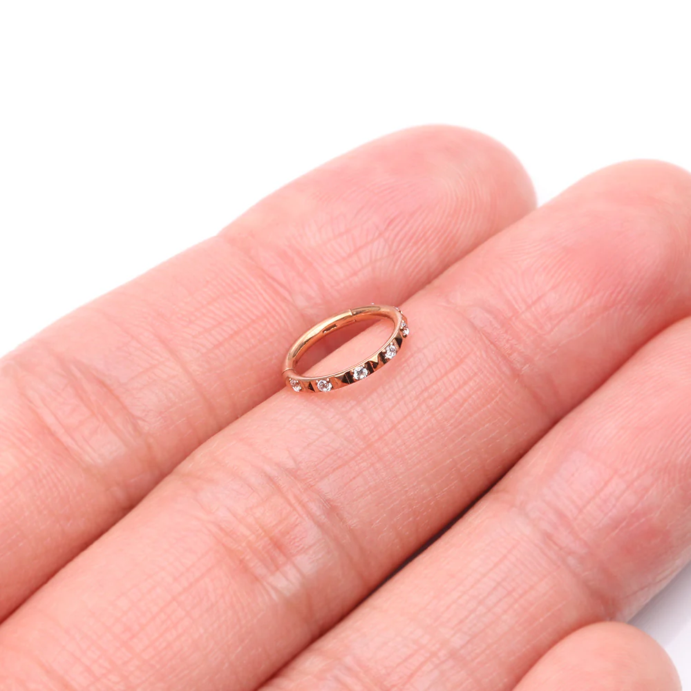 Rose Gold Pyramid Studded Multi-Gem Sparkles Geometric Seamless Clicker Hoop Ring - Image 3