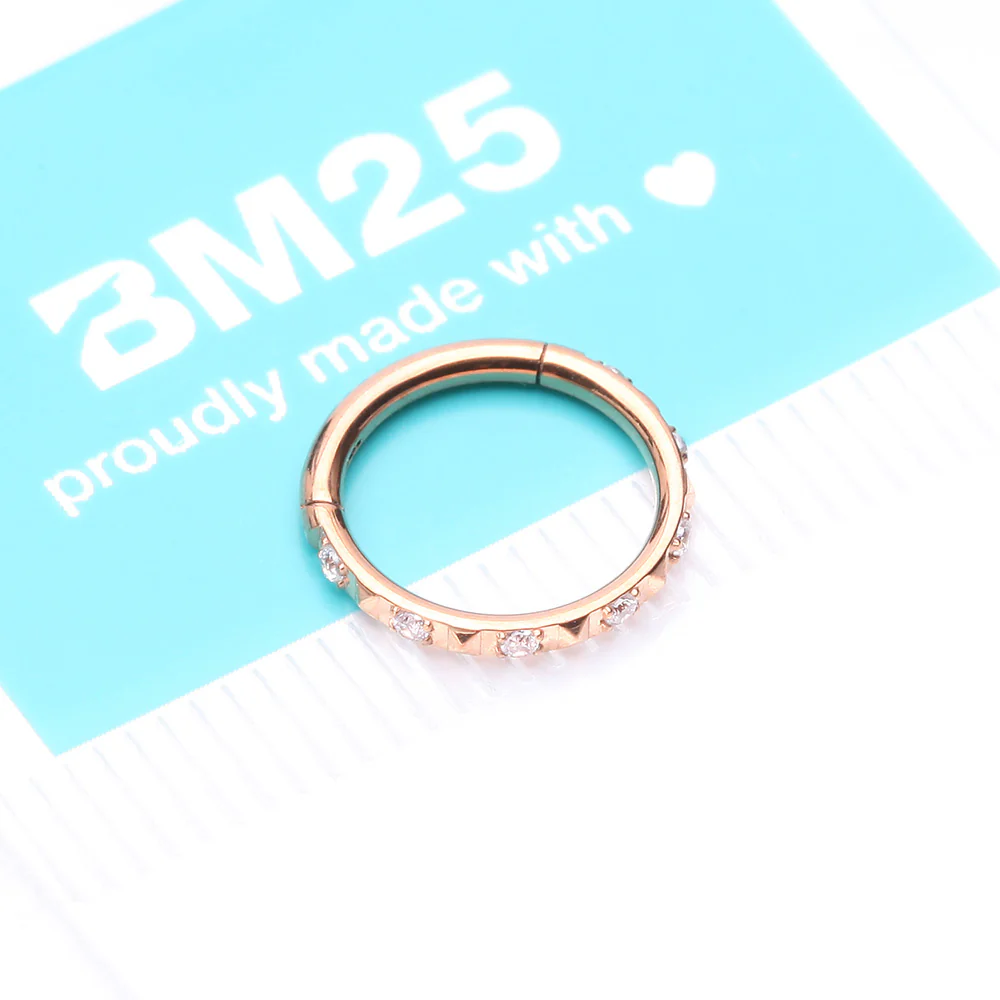 Rose Gold Pyramid Studded Multi-Gem Sparkles Geometric Seamless Clicker Hoop Ring - Image 5