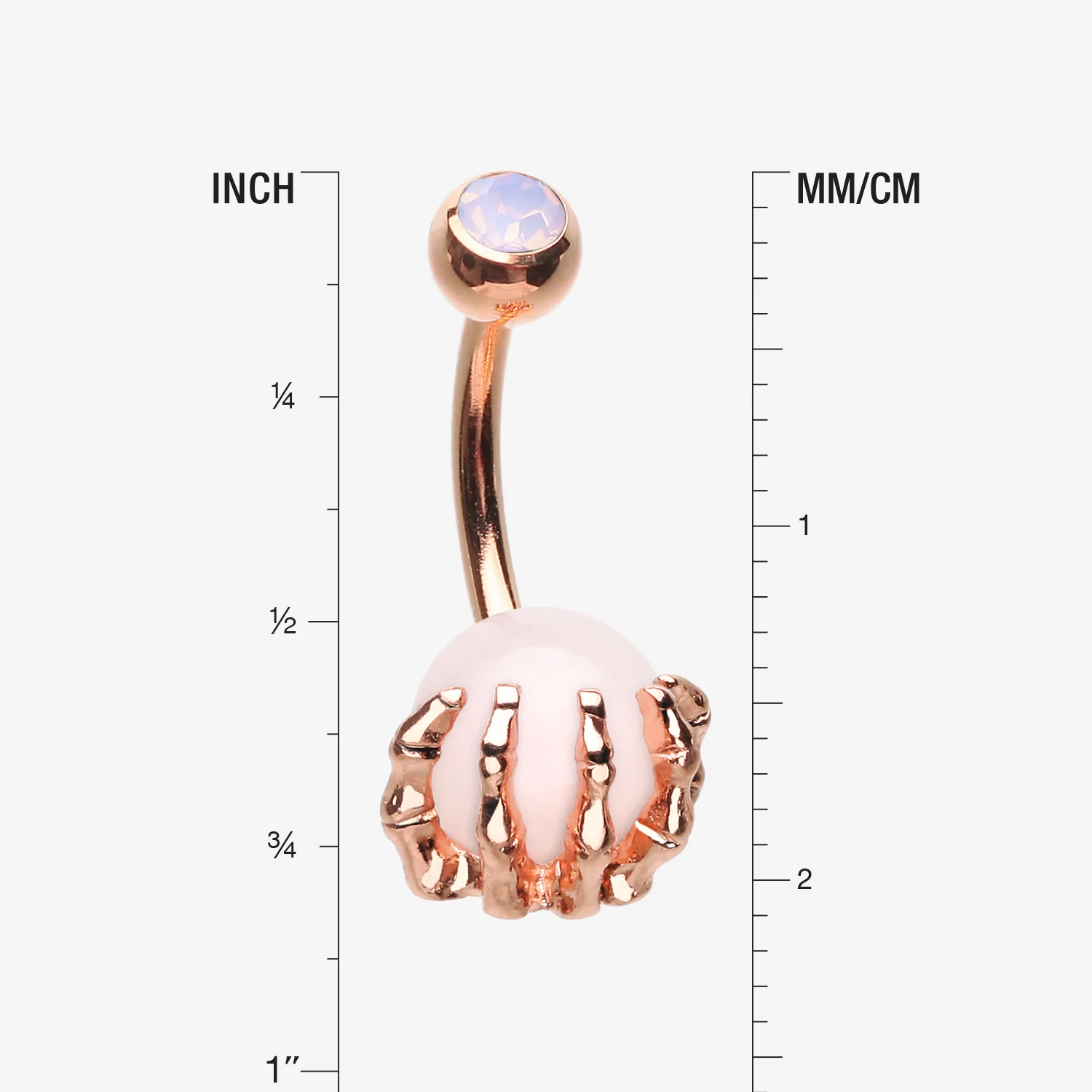 Rose Gold Rose Quartz Stone Orb Shine Skeleton Hand Belly Button Ring - Image 2
