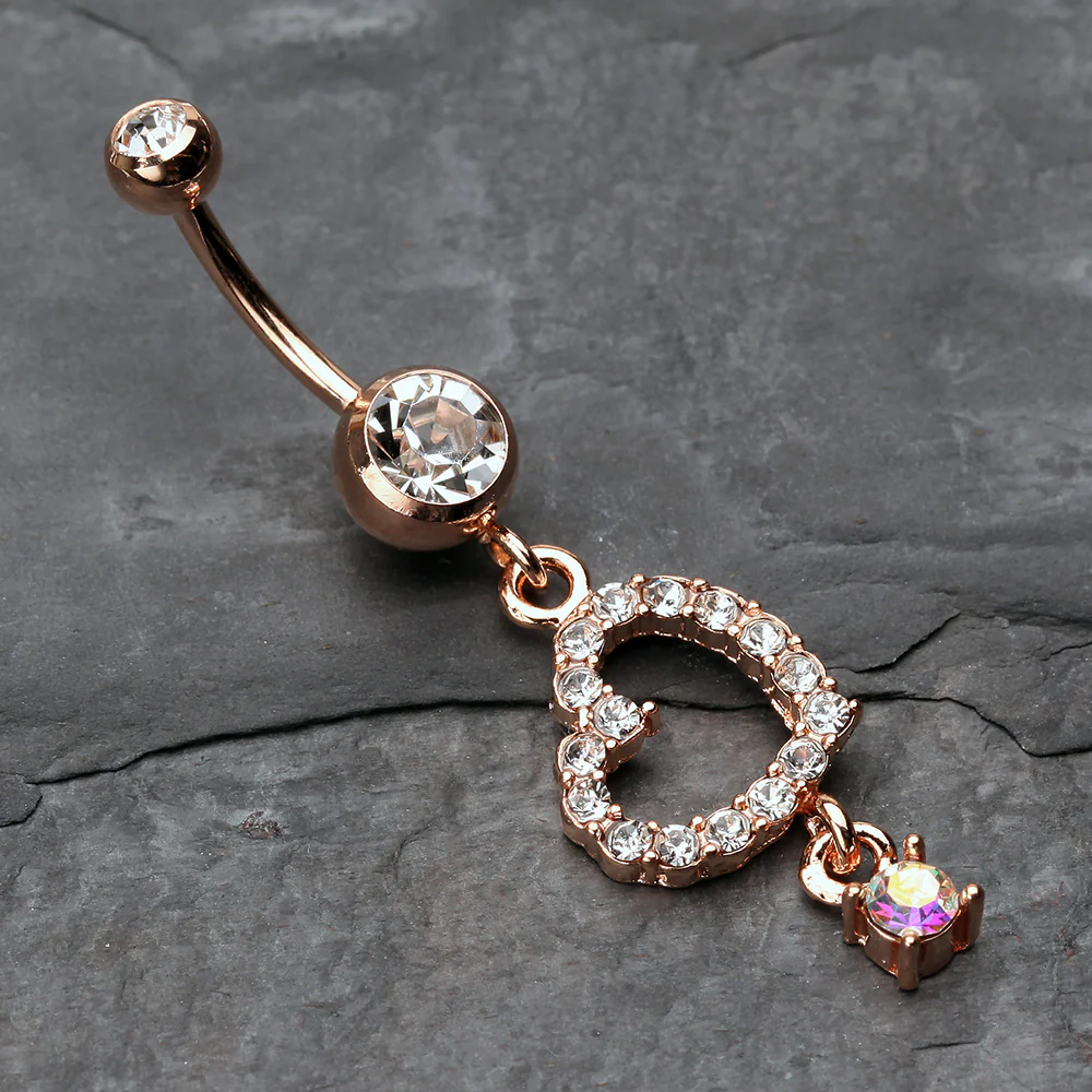 Rose Gold Shimmering Heart Gem Belly Button Ring - Image 3