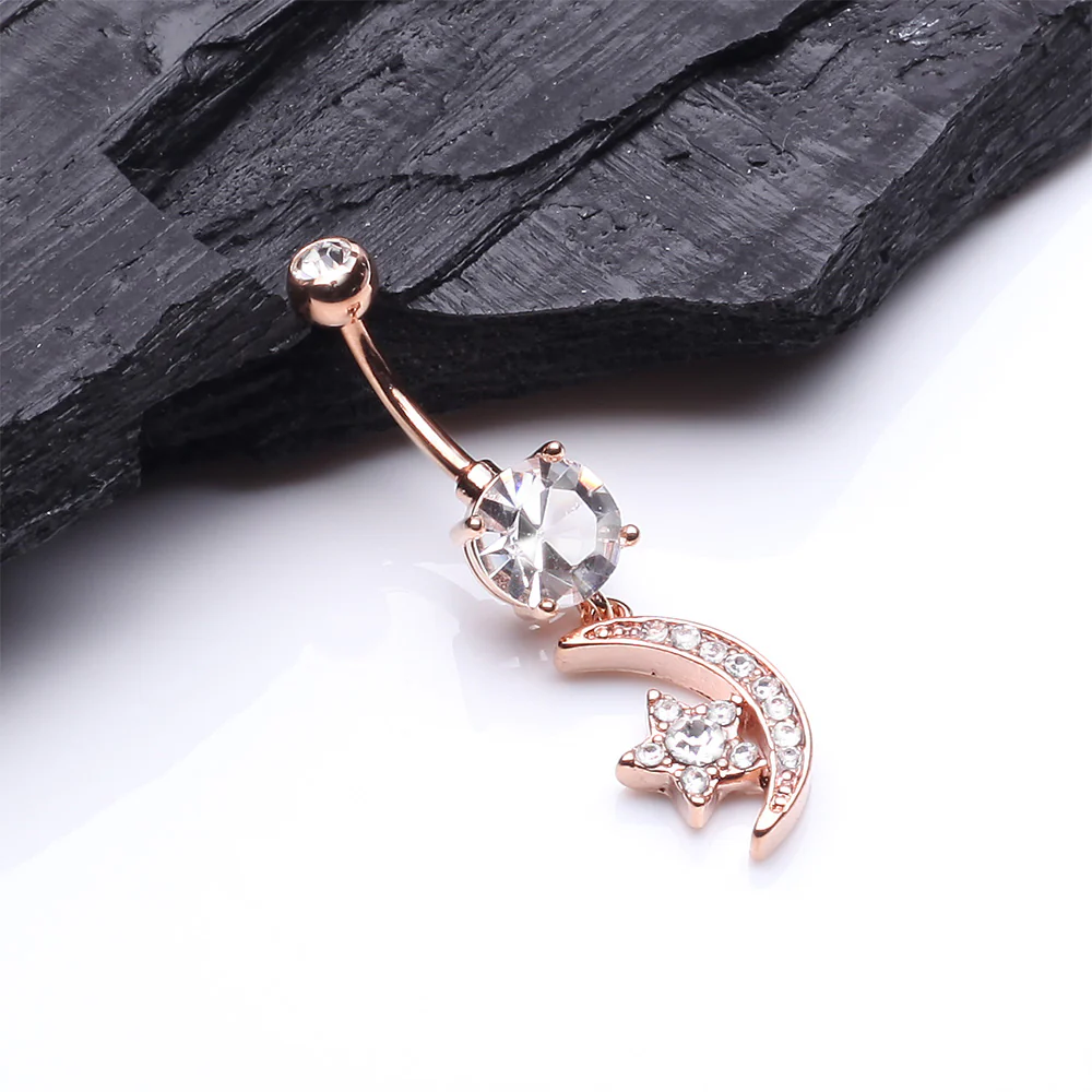 Rose Gold Glistening Moon and Star Sparkle Belly Button Ring - Image 3