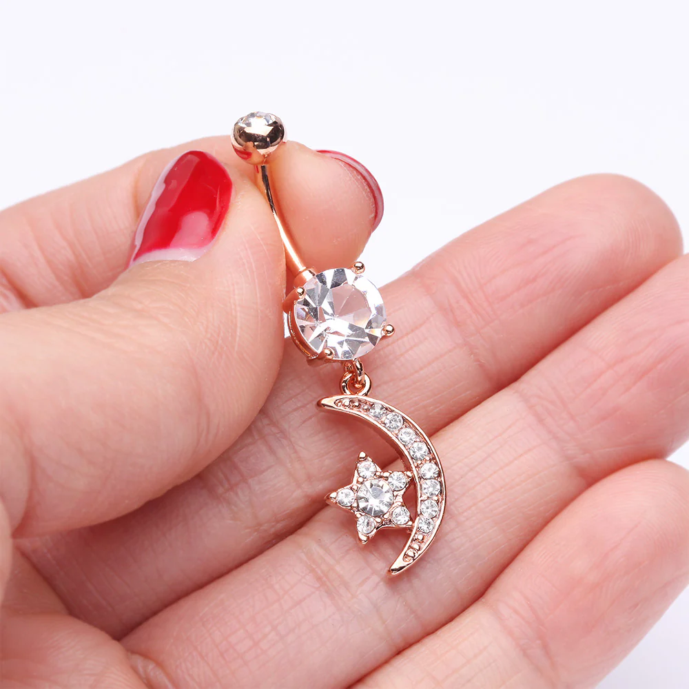 Rose Gold Glistening Moon and Star Sparkle Belly Button Ring - Image 4