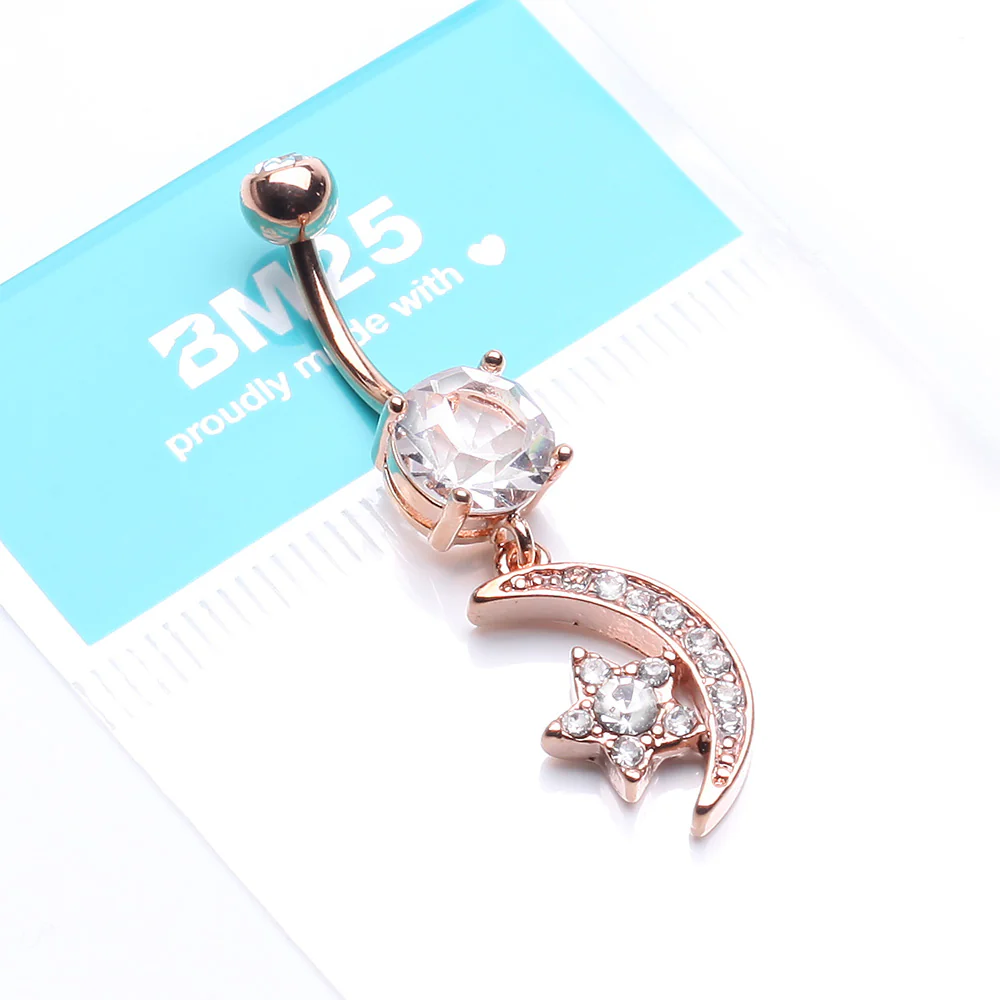 Rose Gold Glistening Moon and Star Sparkle Belly Button Ring - Image 5