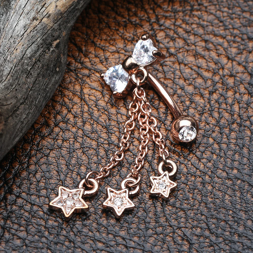Rose Gold Sparkle Bow-Tie Star Dangle Reverse Belly Button Ring - Image 3