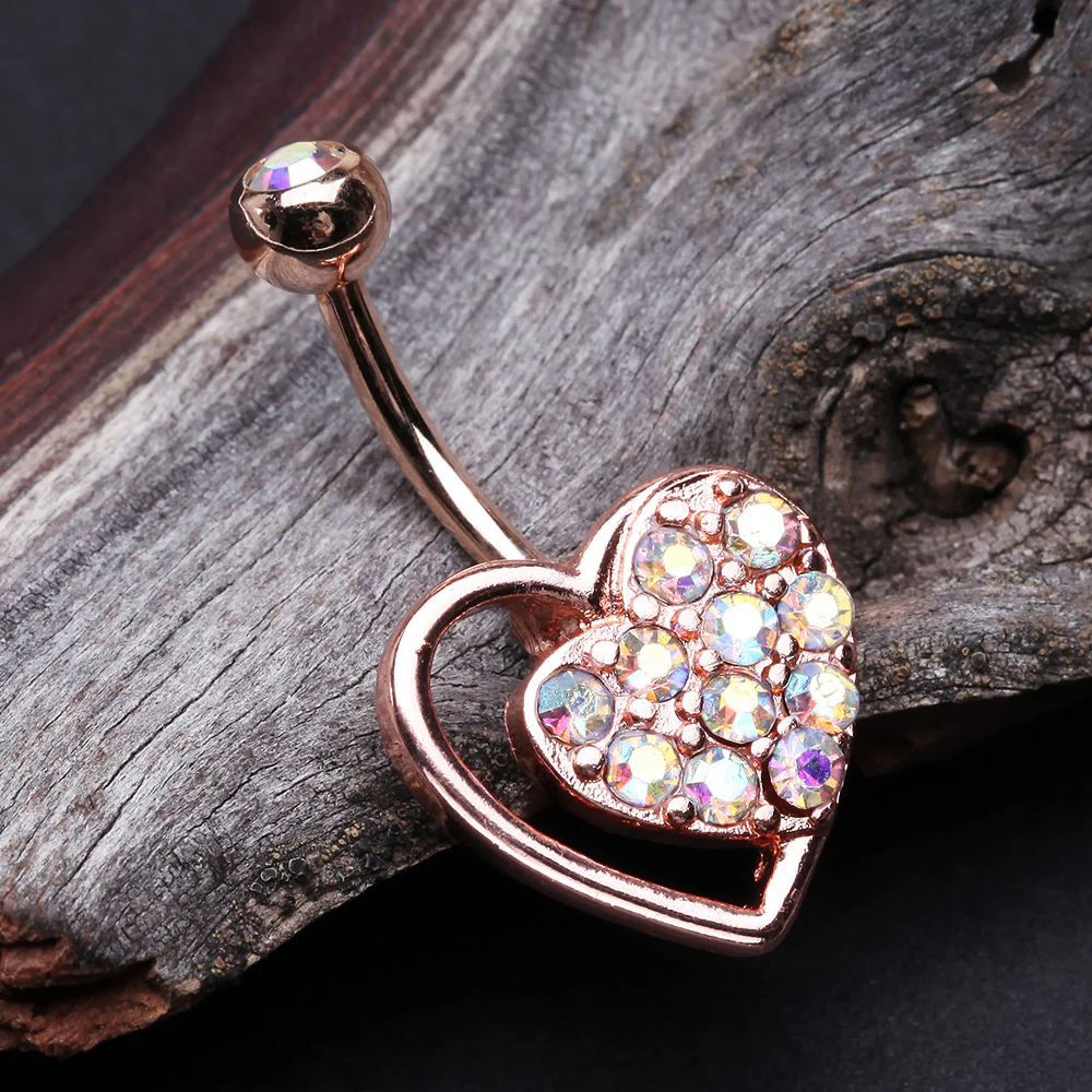 Rose Gold Sparkle Heart in Heart Belly Button Ring - Image 3