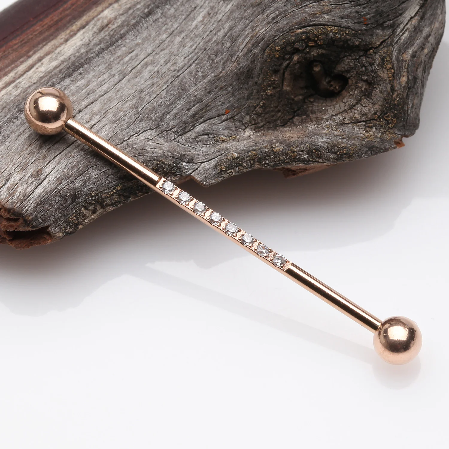 Rose Gold Sparkle Lined Gems Industrial Barbell - Image 2