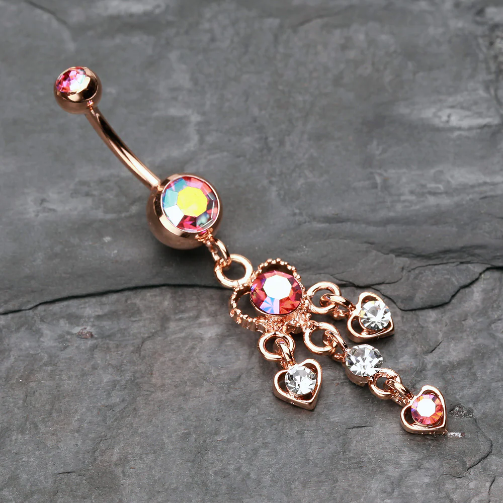 Rose Gold Sparkle Multi Heart Belly Button Ring - Image 3