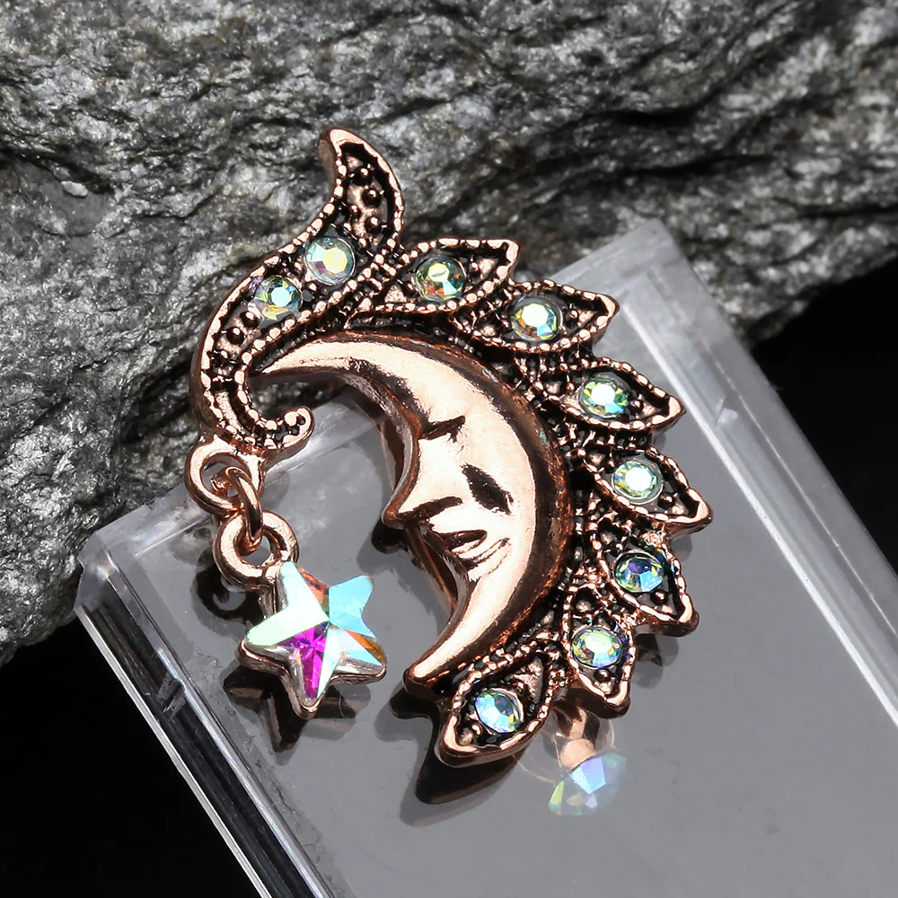 Rose Gold Sparkle Star Crescent Moon Reverse Belly Button Ring - Image 3