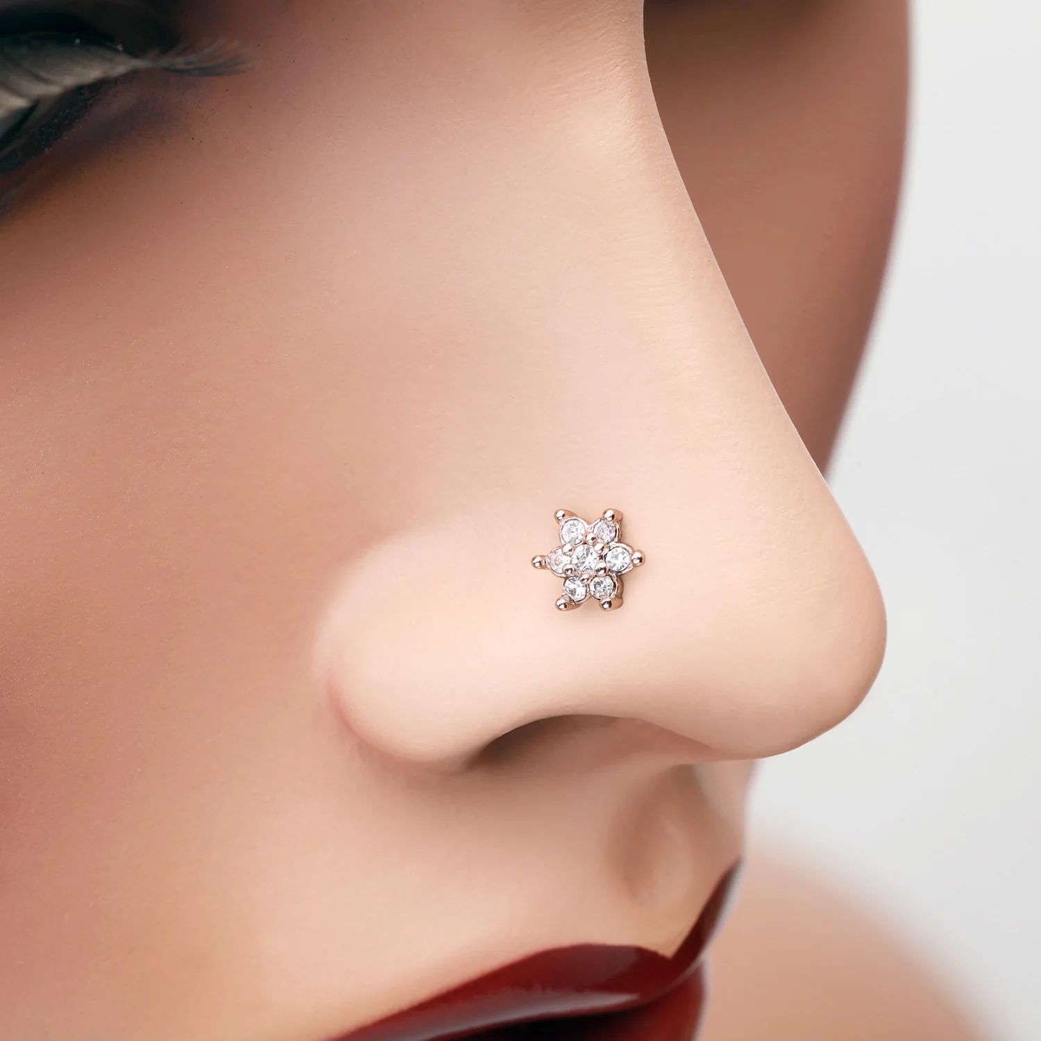 Rose Gold Spring Flower Sparkle Prong Set Nose Stud Ring - Image 2