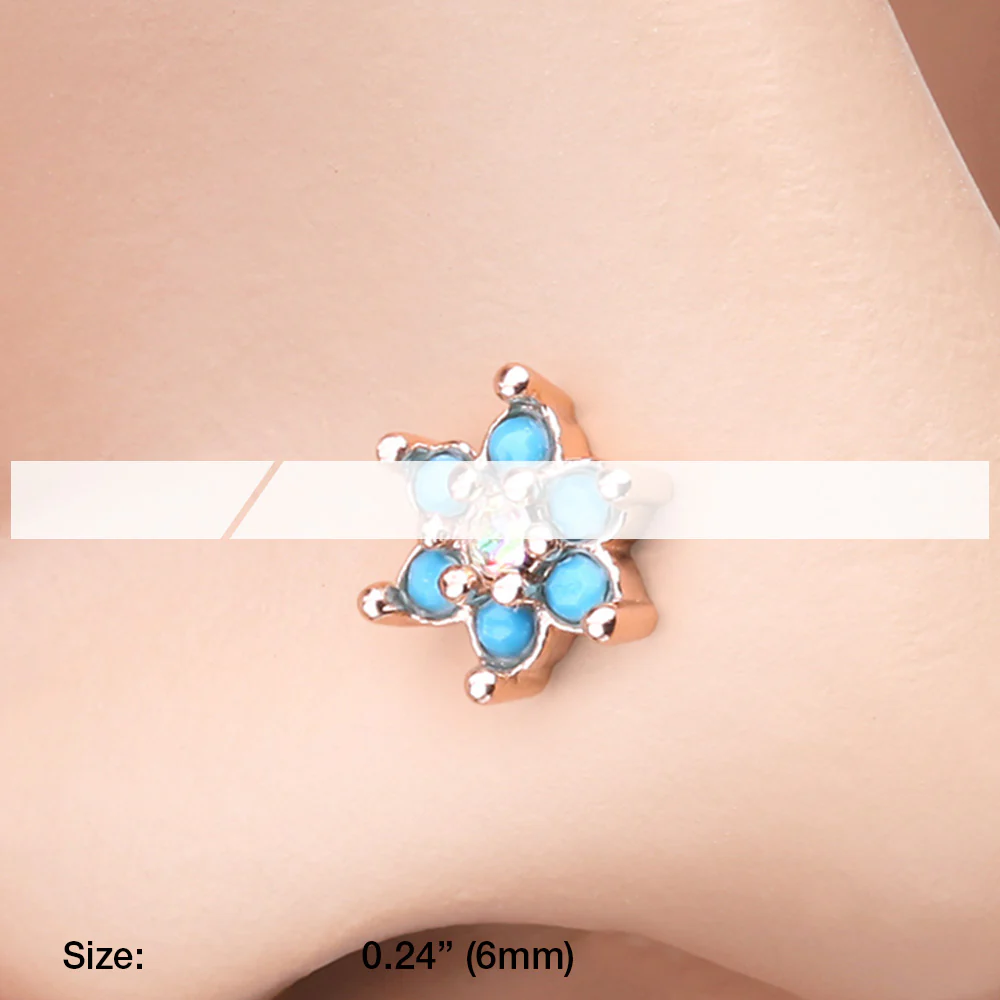 Rose Gold Spring Flower Turquoise Sparkle L-Shaped Nose Ring - Image 3
