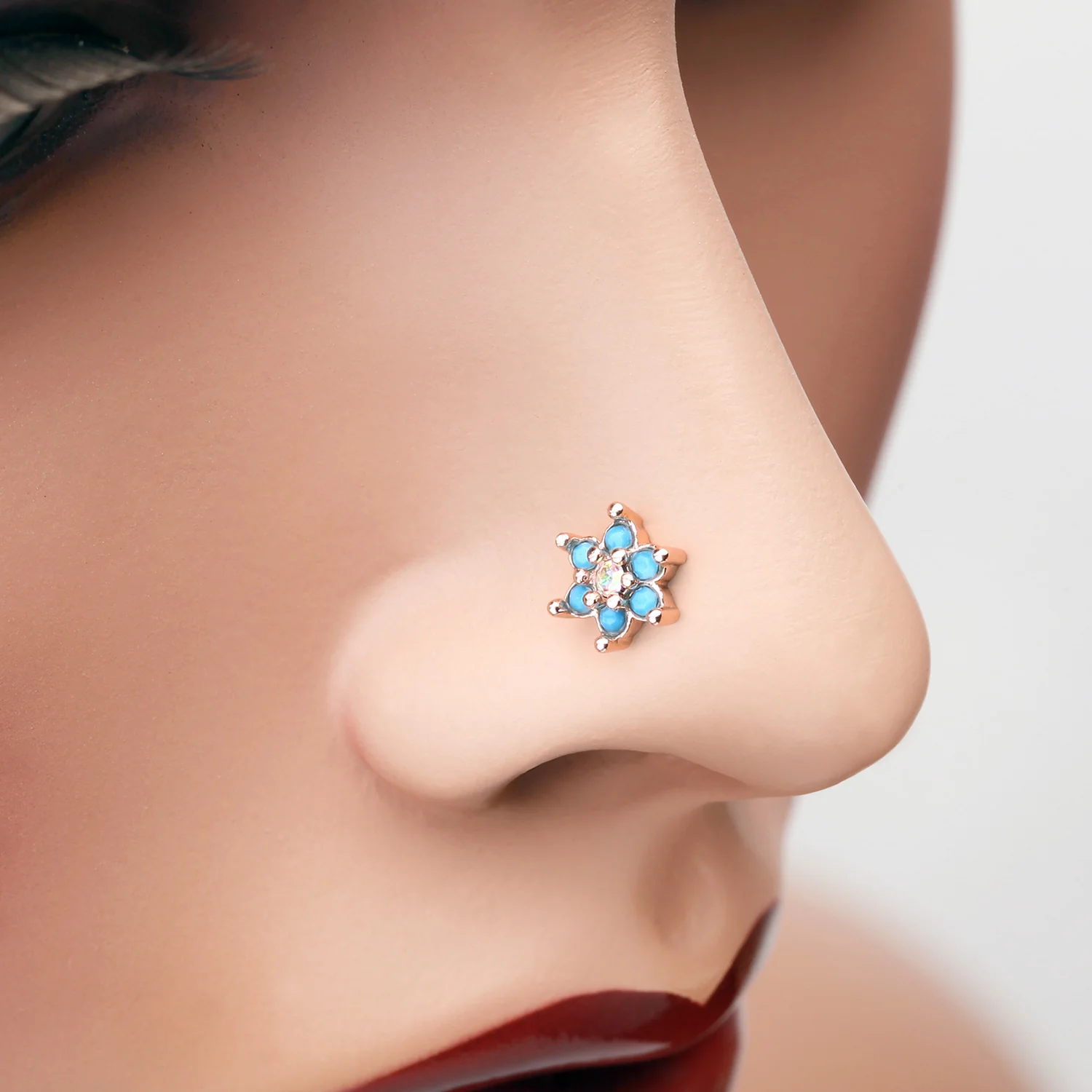 Rose Gold Spring Flower Turquoise Sparkle Nose Stud Ring - Image 2