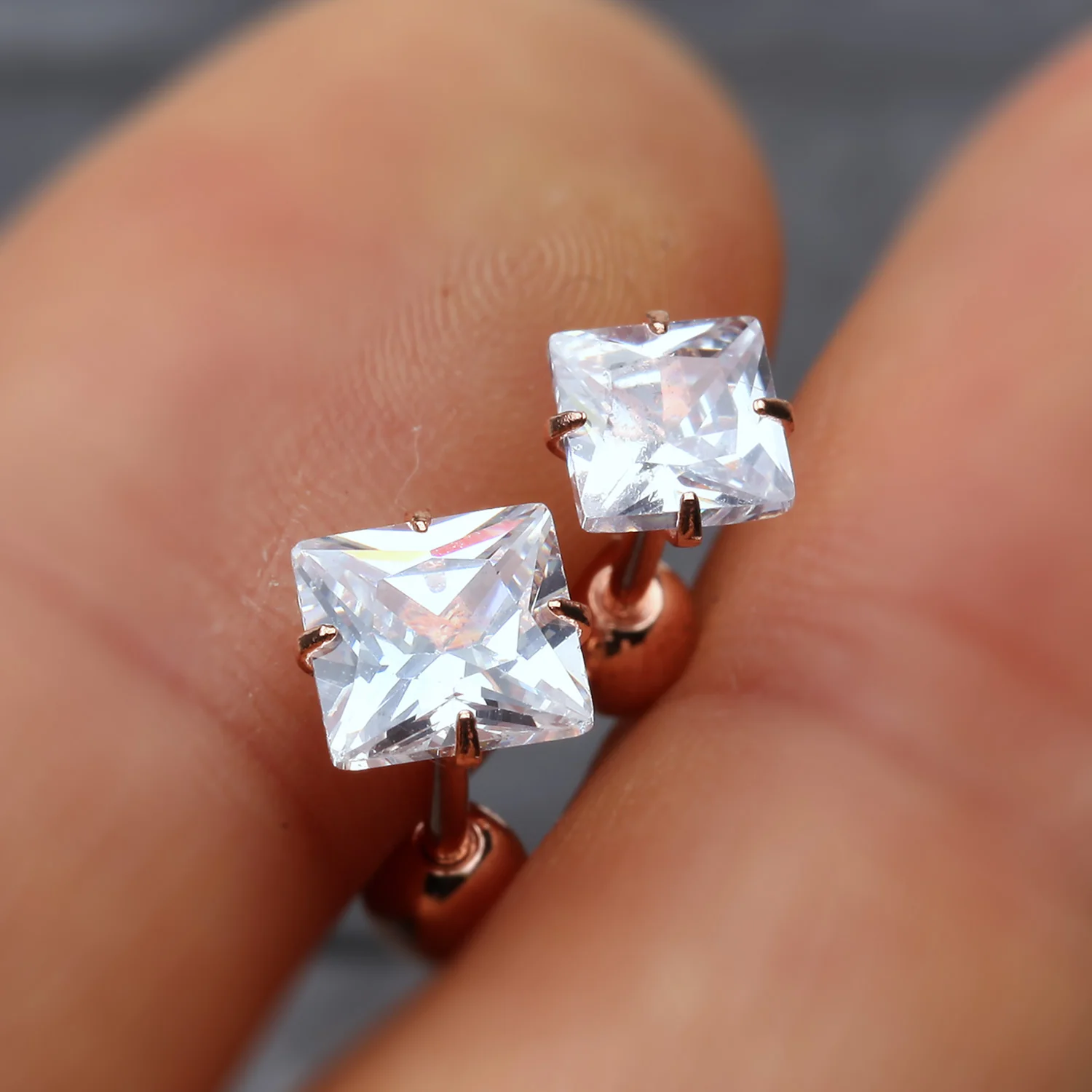 Rose Gold Square Gem Crystal Cartilage Tragus Earring - Image 2