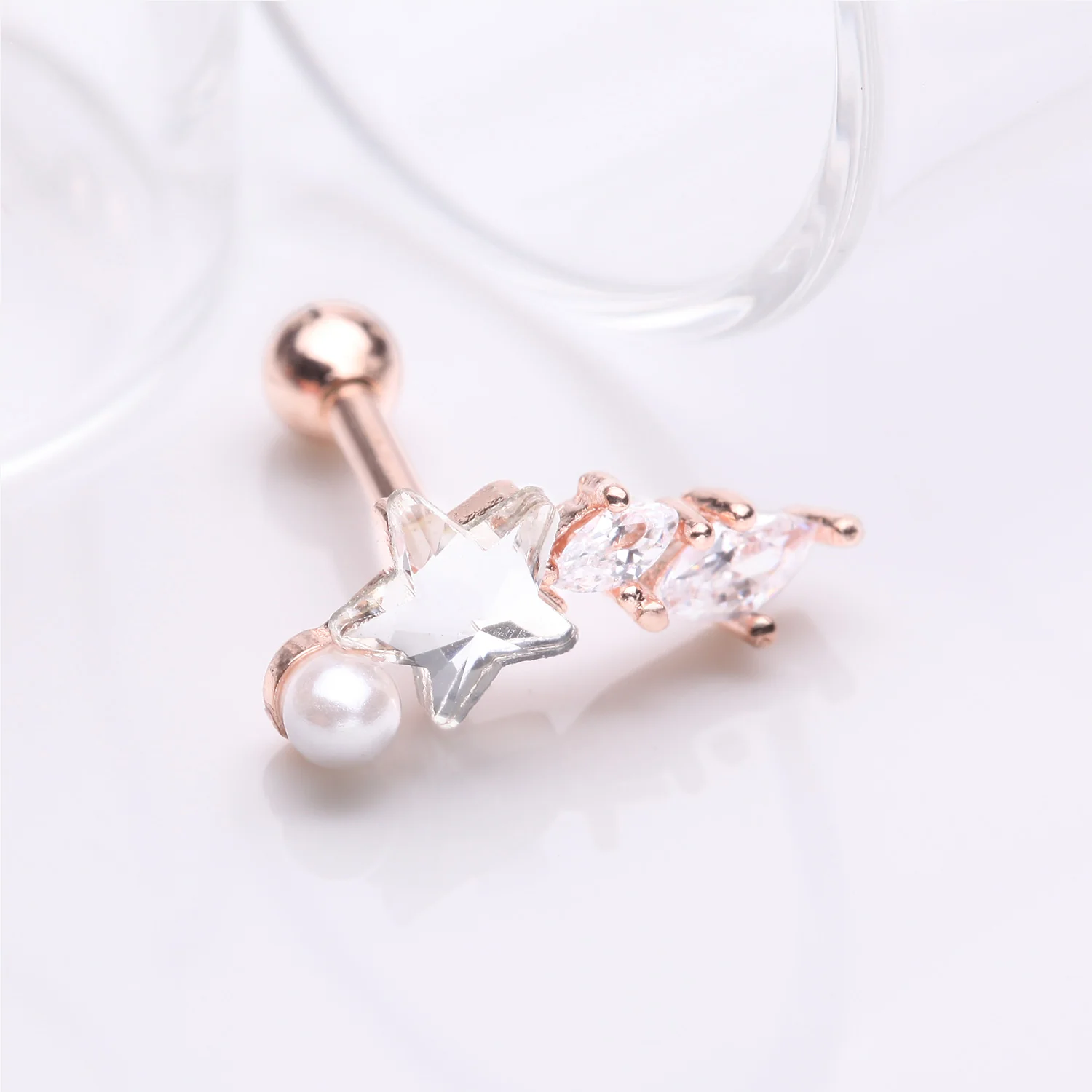 Rose Gold Star Pearlescent Sparkle Marquise Cartilage Tragus Barbell Stud - Image 2