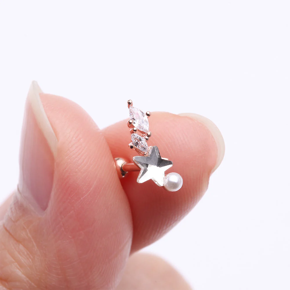 Rose Gold Star Pearlescent Sparkle Marquise Cartilage Tragus Barbell Stud - Image 3