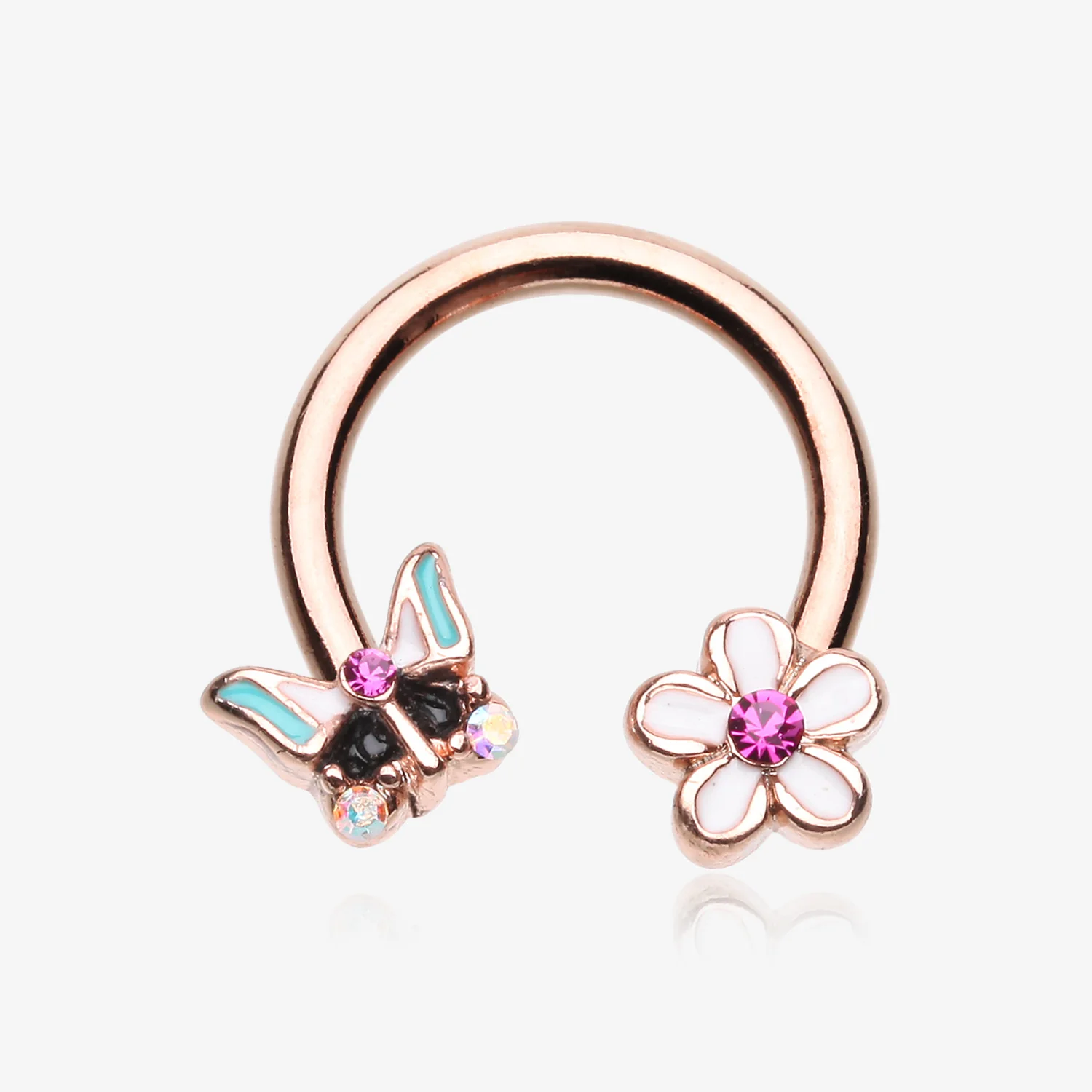 Rose Gold Sweet Butterfly Flower Garden Horseshoe Circular Barbell