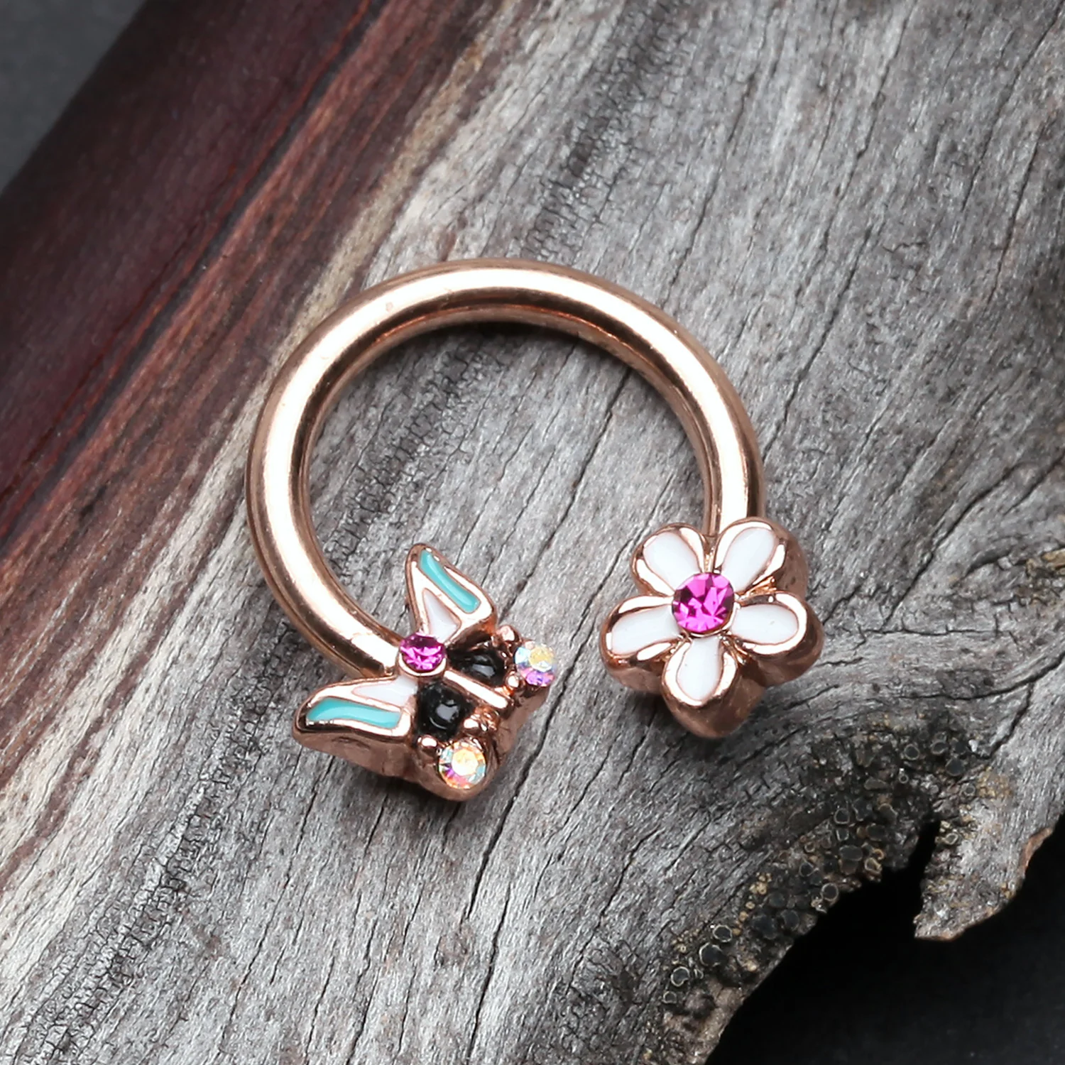 Rose Gold Sweet Butterfly Flower Garden Horseshoe Circular Barbell - Image 2
