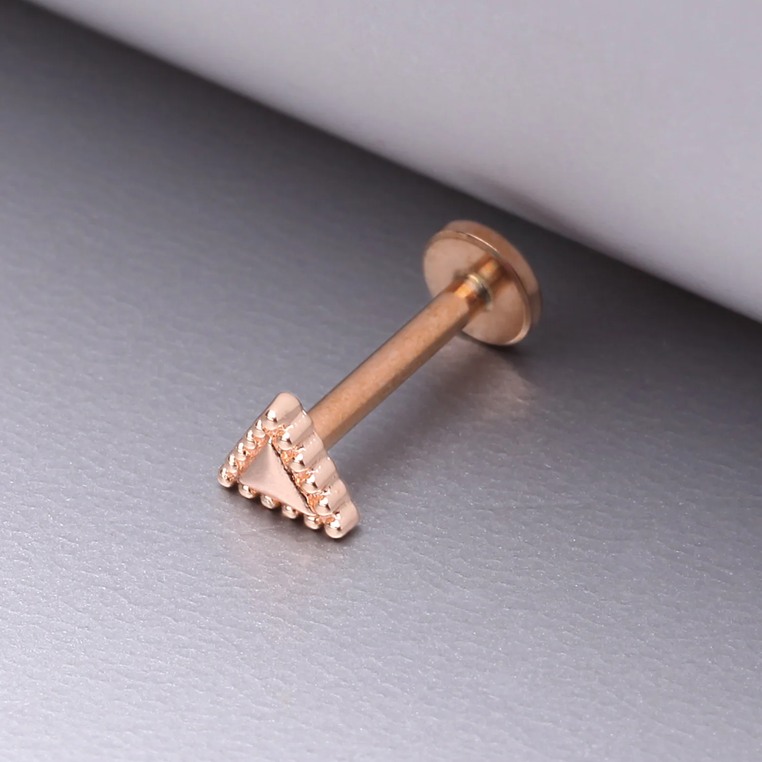 Rose Gold Triangle Beveled Beaded Edge Top Internally Threaded Steel Flat Back Stud Labret - Image 2