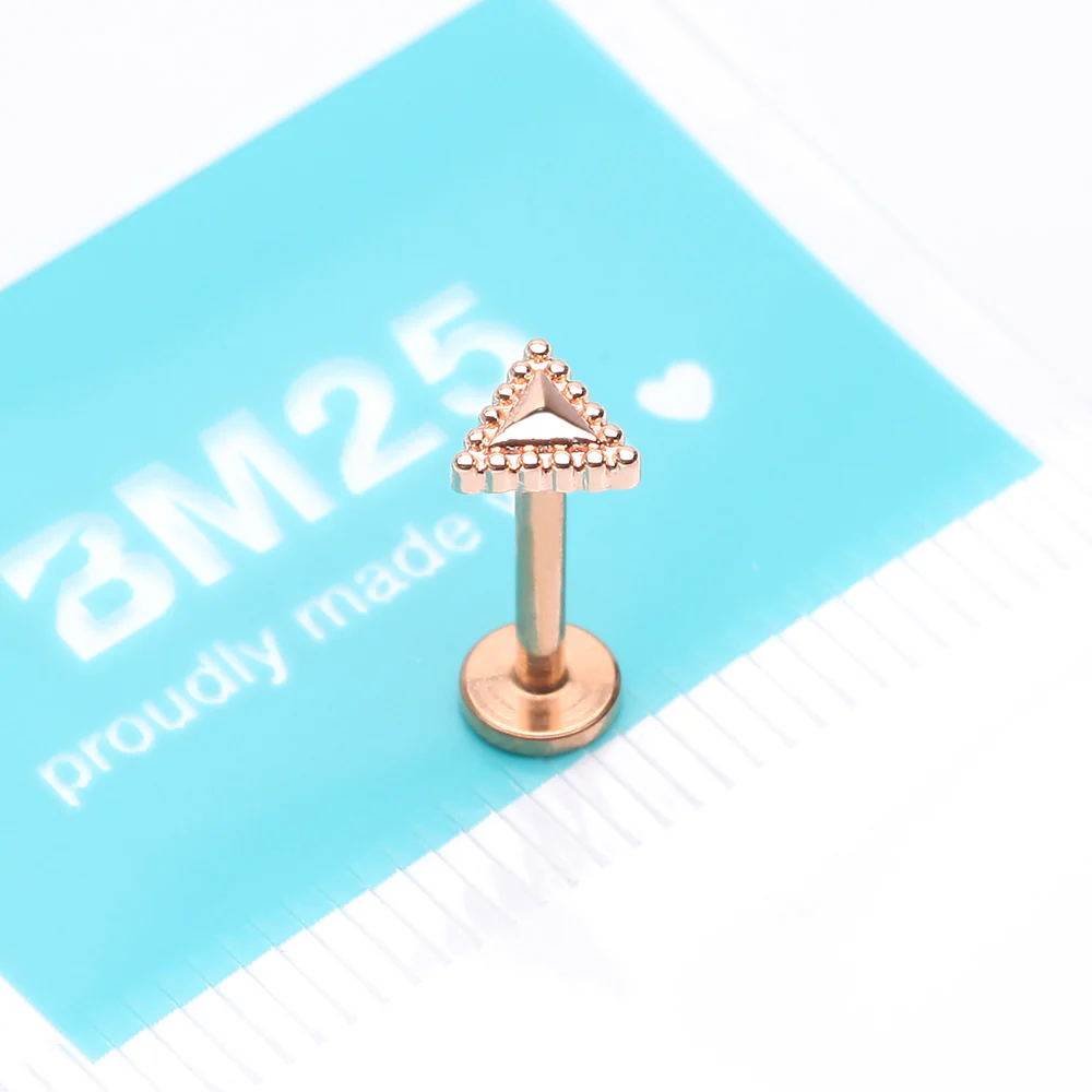 Rose Gold Triangle Beveled Beaded Edge Top Internally Threaded Steel Flat Back Stud Labret - Image 4