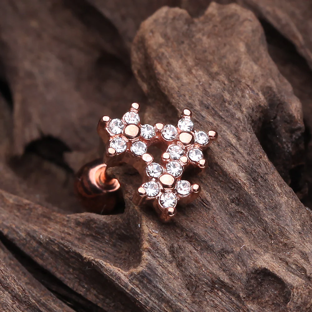 Rose Gold Triple Flower Sparkle Cartilage Tragus Earring - Image 3