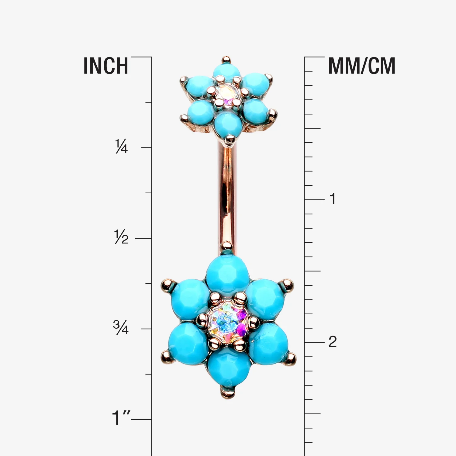 Rose Gold Turquoise Flower Sparkle Prong Set Belly Button Ring - Image 2