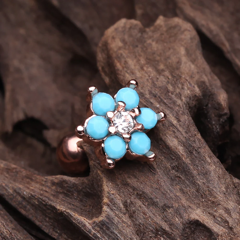 Rose Gold Turquoise Spring Flower Sparkle Cartilage Tragus Earring - Image 3