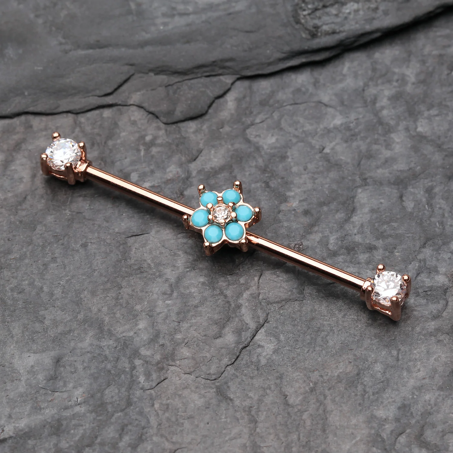 Rose Gold Turquoise Spring Flower Sparkle Prong Industrial Barbell - Image 2