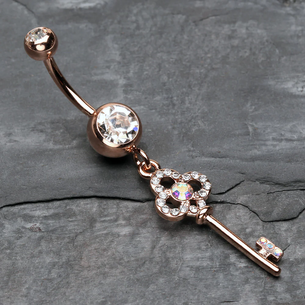 Rose Gold Victorian Skeleton Key Sparkle Belly Button Ring - Image 3