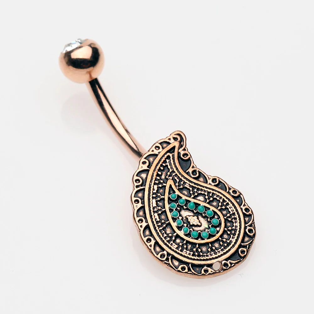 Rose Gold Vintage Boho Paisley Turquoise Belly Button Ring - Image 4